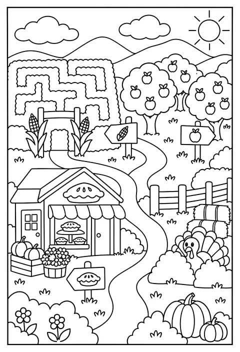 A map of Harvest Valley with a corn maze, an apple orchard, a pie bakery and a hidden turkey coloring page
