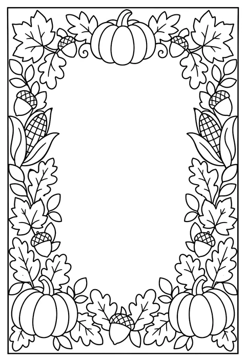 A page-border pattern of leaves, acorns, corn and pumpkins around an empty frame coloring page