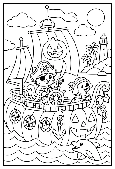 A pirate ship made of a giant pumpkin coloring page