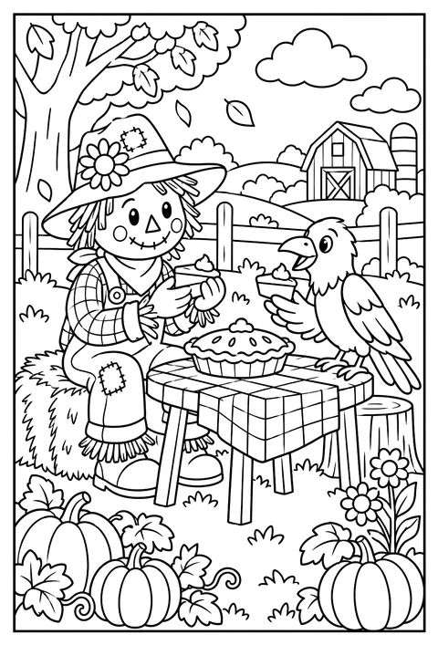 A scarecrow and a crow becoming friends over pie coloring page