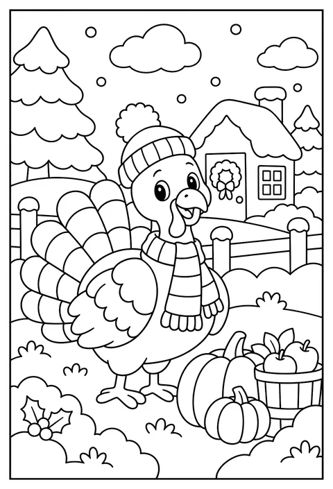A snowy Thanksgiving with a turkey in a scarf coloring page