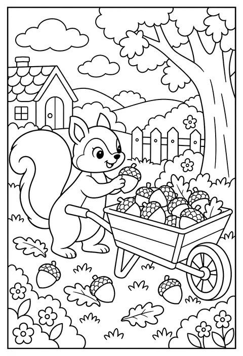 A squirrel filling a wheelbarrow with acorns coloring page