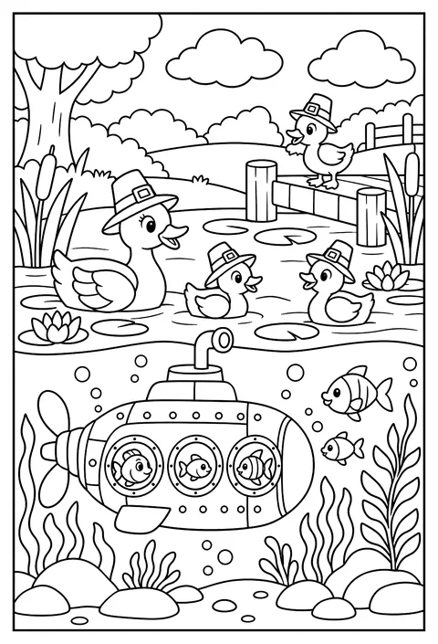 A submarine in a pond with ducks in pilgrim hats coloring page