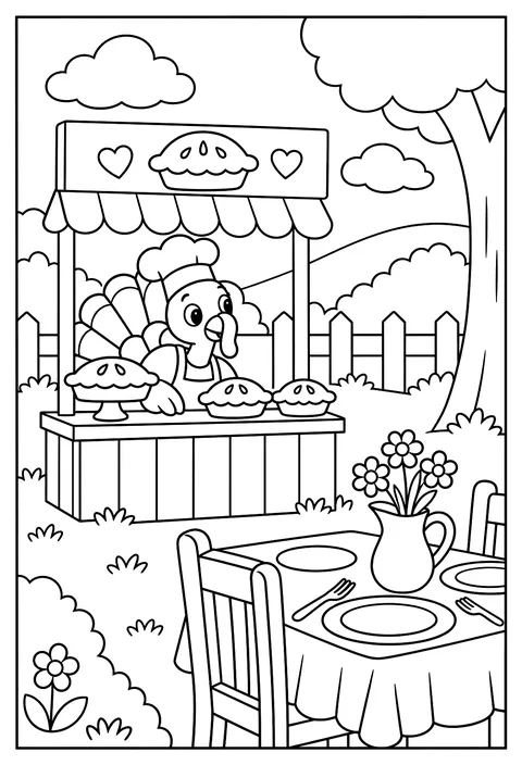 A turkey running a pie stand and hiding from the dinner table coloring page