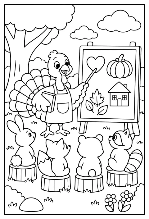 A turkey teacher with a lesson on being thankful coloring page