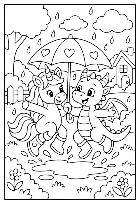 A unicorn and a dragon sharing an umbrella in the rain, jumping over a puddle together coloring page