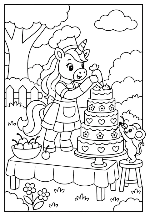 A unicorn baker decorating a five-tier cake while a mouse steals a cherry coloring page