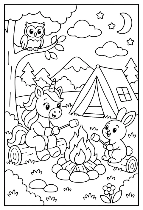 A unicorn camping trip coloring page