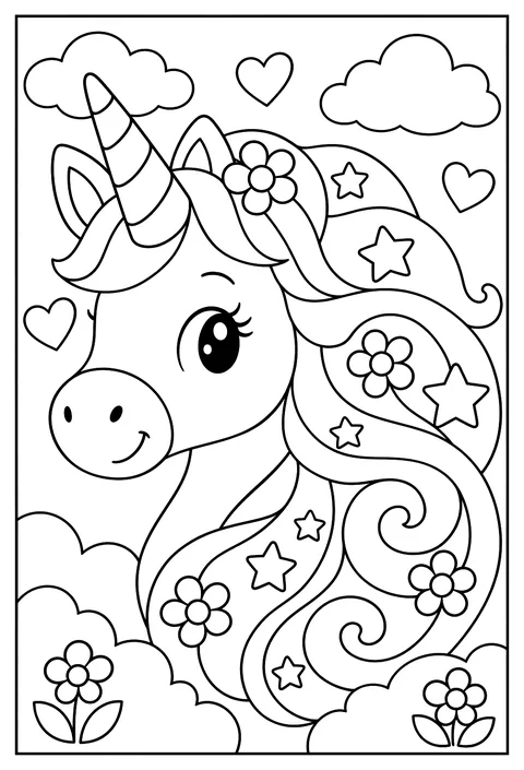 Close-up of a unicorn's head with its mane turned into a swirling pattern of stars, flowers and waves coloring page