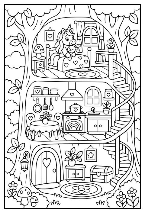 Cutaway view of a unicorn's home inside a giant hollow tree coloring page