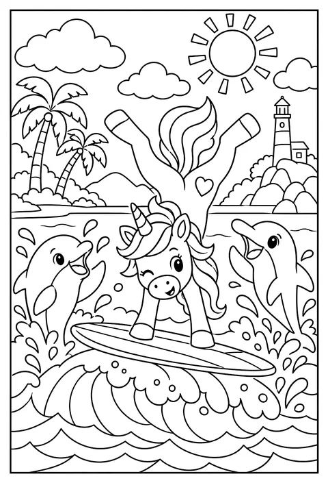 A unicorn doing a handstand on a surfboard while dolphins cheer coloring page