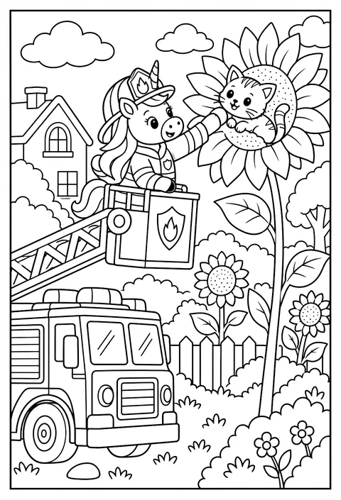 A unicorn firefighter on a ladder truck rescuing a kitten from a tall sunflower coloring page