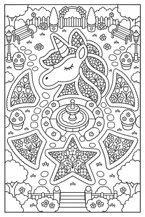 A unicorn garden seen from above coloring page