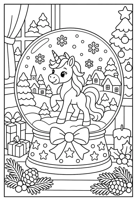 A unicorn in a snow globe, snowflakes falling, tiny village behind it coloring page