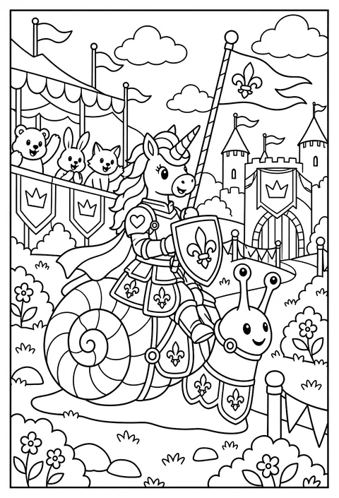 A unicorn knight in patterned armor riding a giant snail into a friendly tournament coloring page