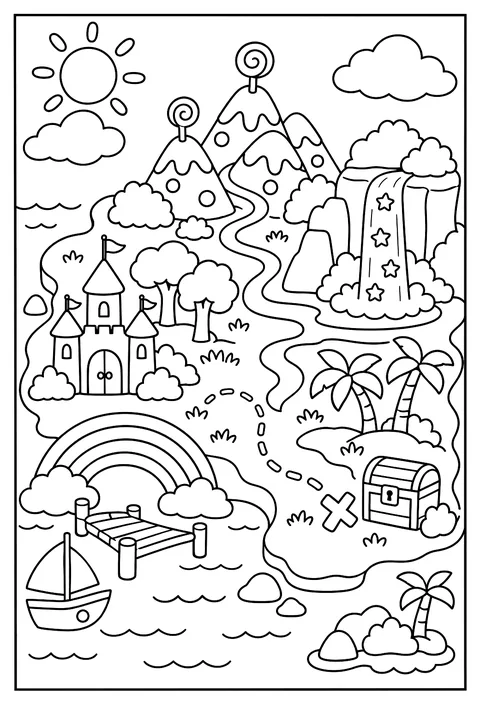 A map of Unicorn Island with a rainbow harbor, candy mountains, a waterfall of stars and a hidden treasure X coloring page
