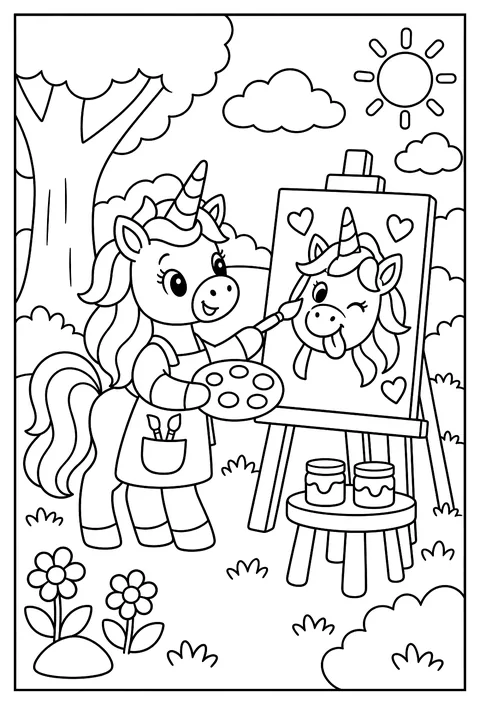A unicorn painting a self-portrait at an easel, the painting looks slightly silly coloring page