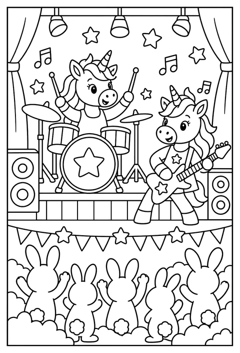 A unicorn rock band on stage coloring page