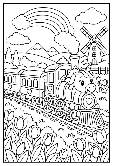 A unicorn train with a rainbow smoke trail passing a windmill and a field of tulips coloring page