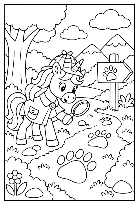A unicorn wearing a detective hat inspecting giant footprints with a magnifying glass coloring page