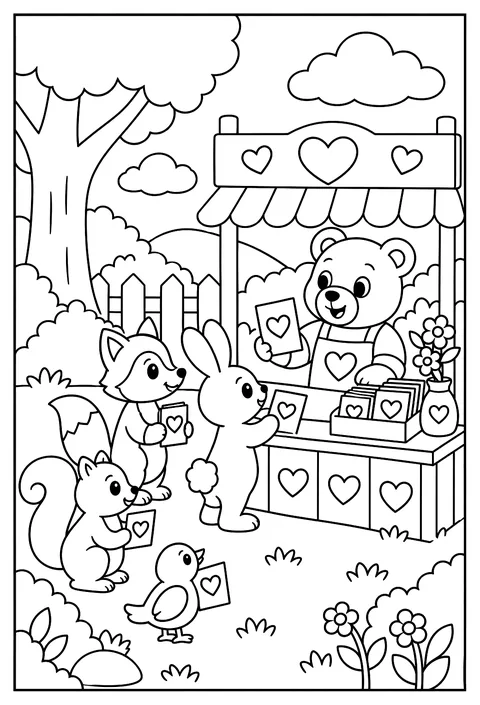 A bear running a valentine card shop with a line of animals coloring page