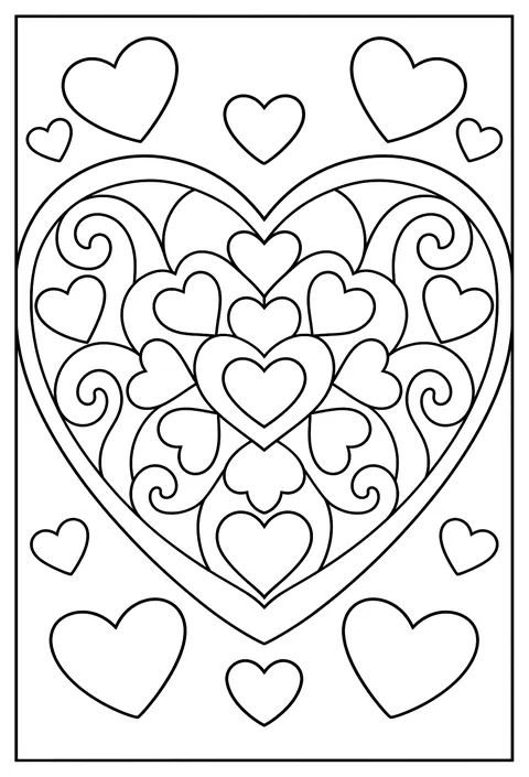 Close-up of a big heart filled with a mandala of smaller hearts and swirls coloring page