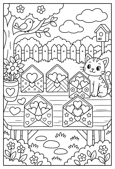 Count-and-color: five envelopes with 1 to 5 hearts coloring page
