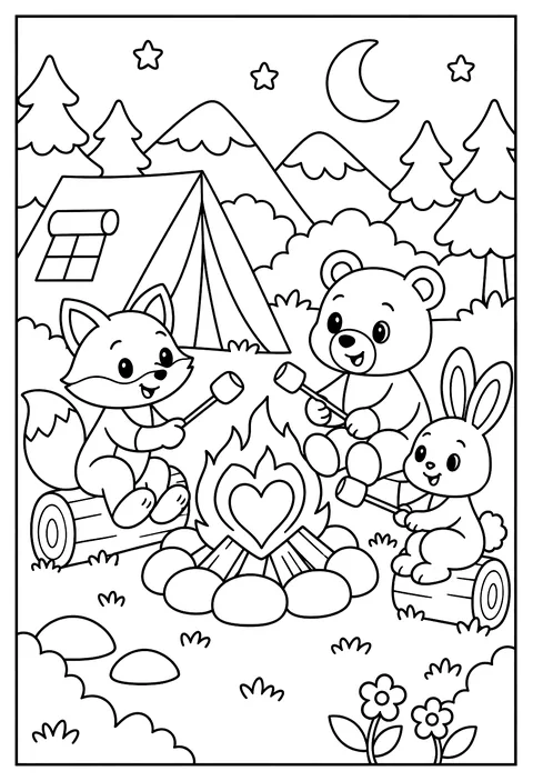 A cozy camping night with a heart-shaped campfire coloring page