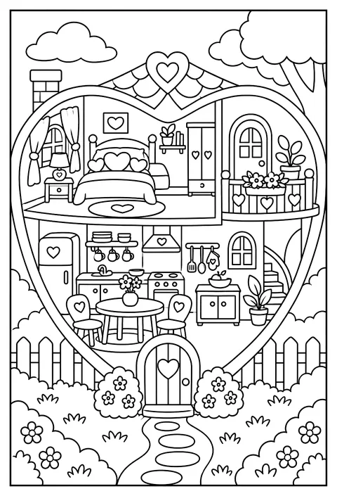 Cutaway of a heart-shaped house coloring page