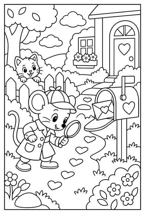 A detective mouse finding who sent the secret valentine coloring page
