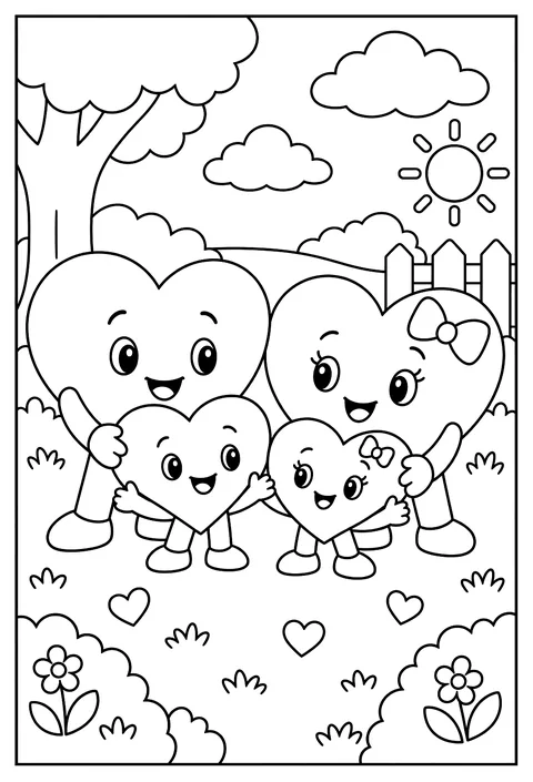 A family of hearts with faces, tiny hearts in front coloring page
