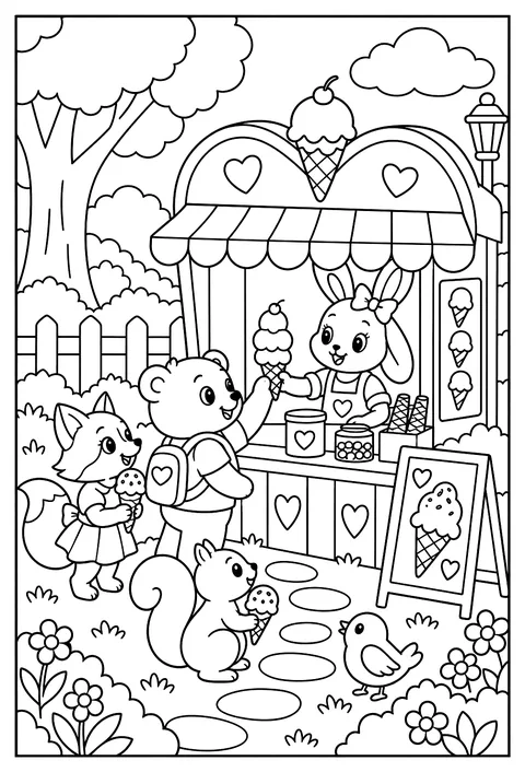 A heart-shaped ice-cream stand coloring page