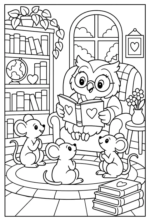 A librarian owl reading love poems to mice coloring page