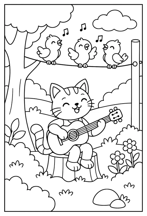 A love-song band: birds singing on a wire, a cat on guitar coloring page