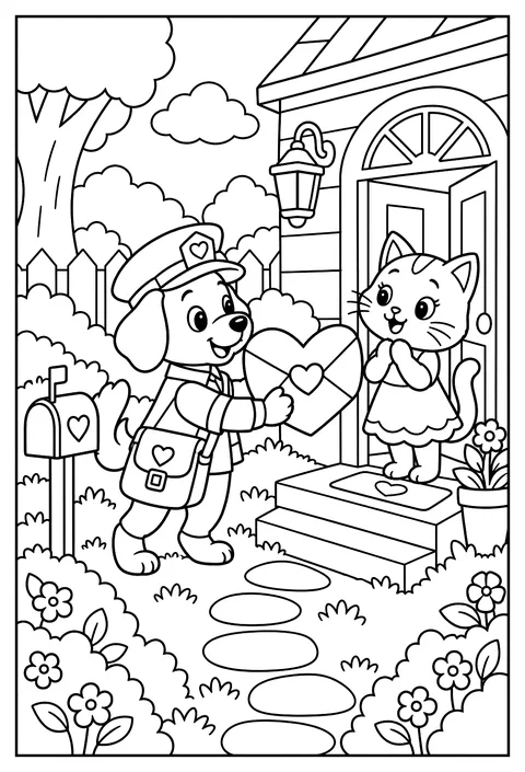 A mail carrier dog delivering a giant heart envelope coloring page