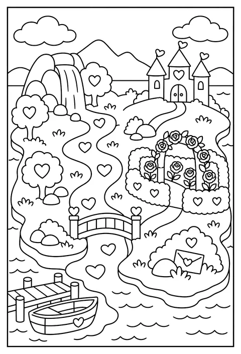 A map of Heart Island with a chocolate river, a rose garden and a hidden love letter coloring page