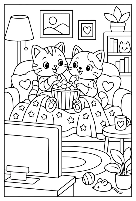 A movie night for two cats sharing popcorn coloring page