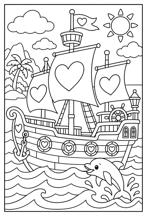 A pirate ship with heart-shaped sails coloring page