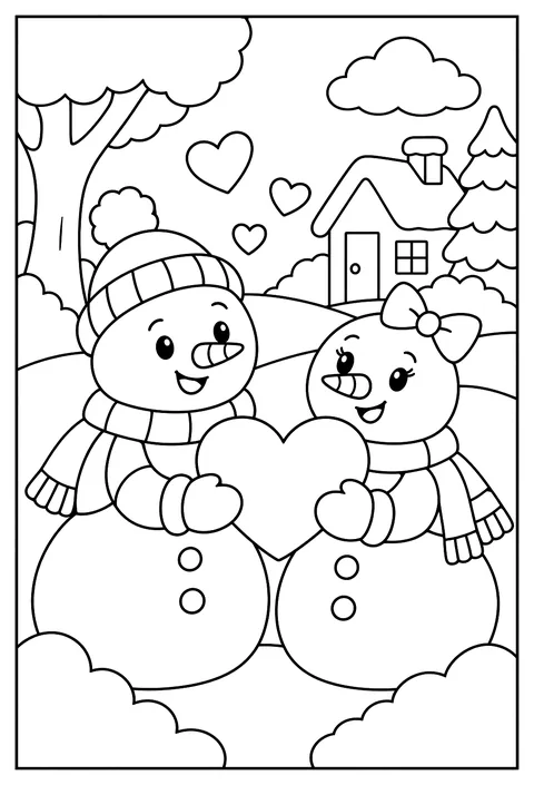 A snow day valentine: snowmen holding a heart coloring page