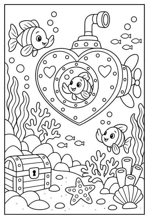 A submarine shaped like a heart with fish waving coloring page