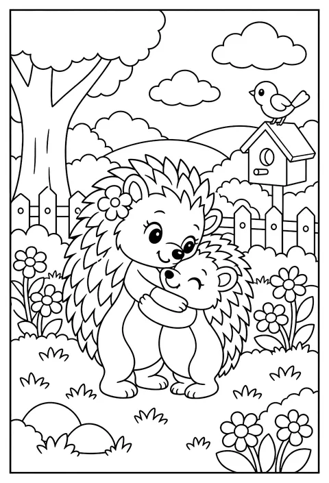 Two hedgehogs hugging very carefully coloring page