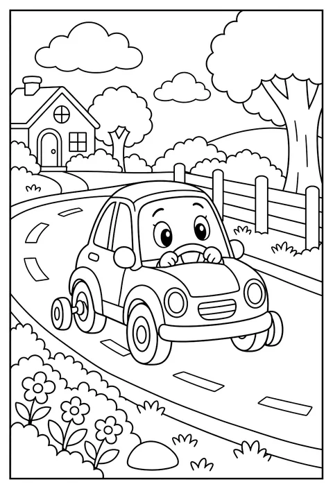 A baby car learning to drive with training wheels coloring page