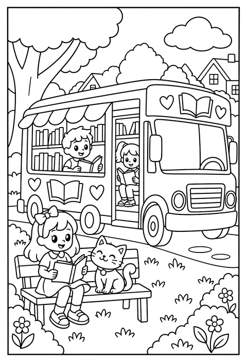 A bookmobile bus with kids reading inside coloring page