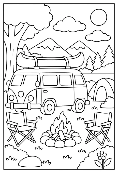 A camper van at a campsite with a canoe on the roof coloring page