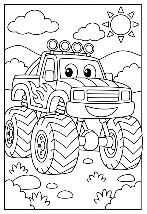 Close-up of a monster truck with tires drawn as patterns coloring page