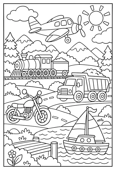 Count-and-color: five vehicles with 1 to 5 wheels coloring page