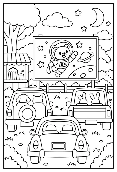 A drive-in movie with cars watching a screen coloring page