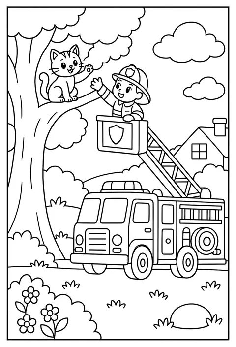 A fire truck rescuing a cat from a tree while the cat waves coloring page