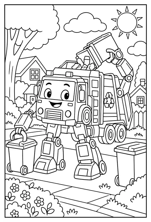A garbage truck robot lifting bins with cartoon arms coloring page