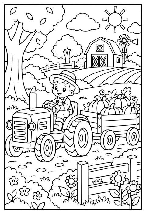 A garden tractor pulling a wagon of pumpkins coloring page